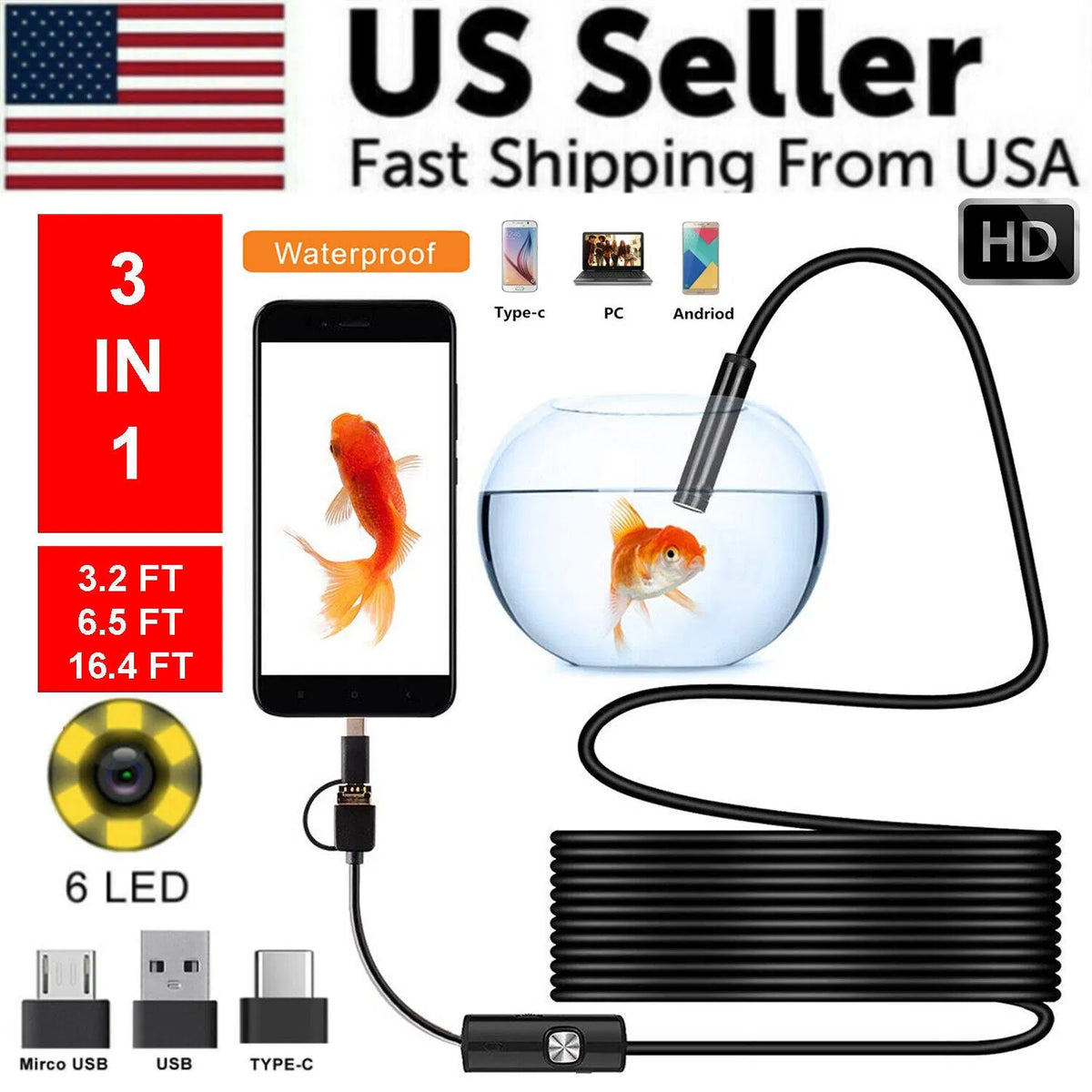 USB Endoscope Inspection Camera - 8mm Waterproof Borescope with LED Lights