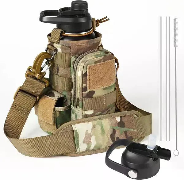 Tactical Water Bottle 32oz - Molle-Compatible Insulated Bottle with Carry Pouch for Hiking