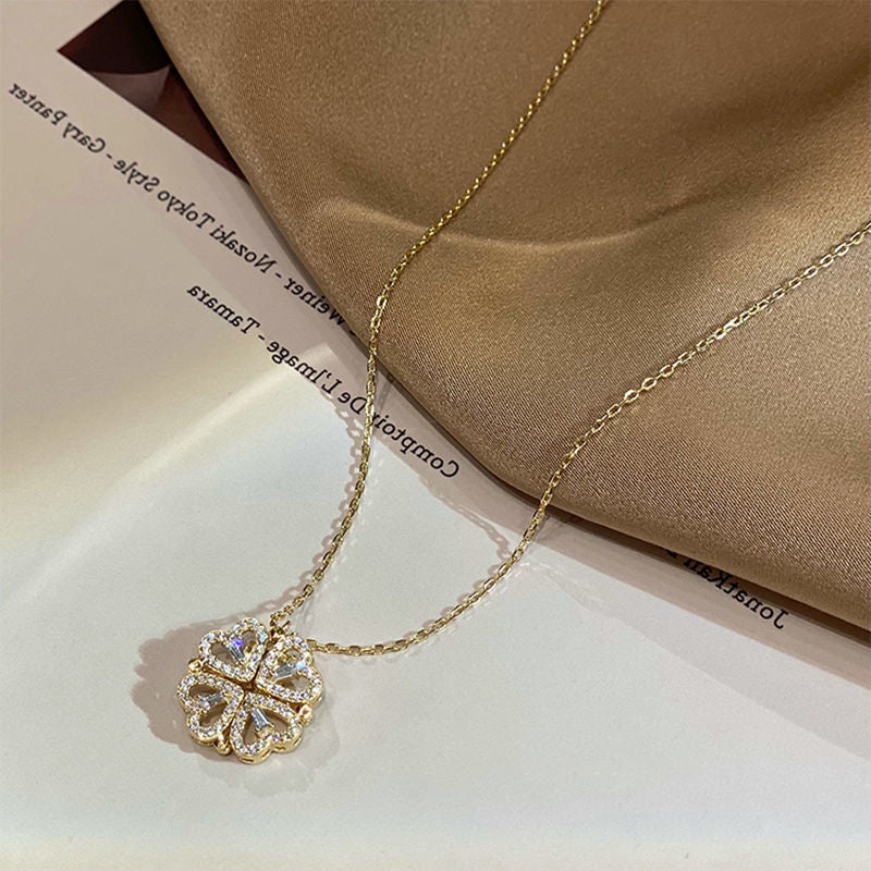 Four-Leaf Clover Heart Locket Necklace - Magnetic Folding Pendant
