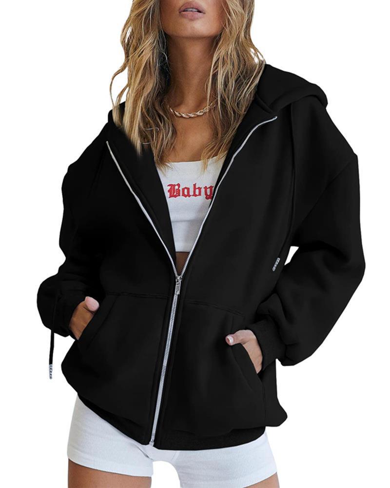 Women's Fashion Casual Solid Color Drawstring Zipper Hooded