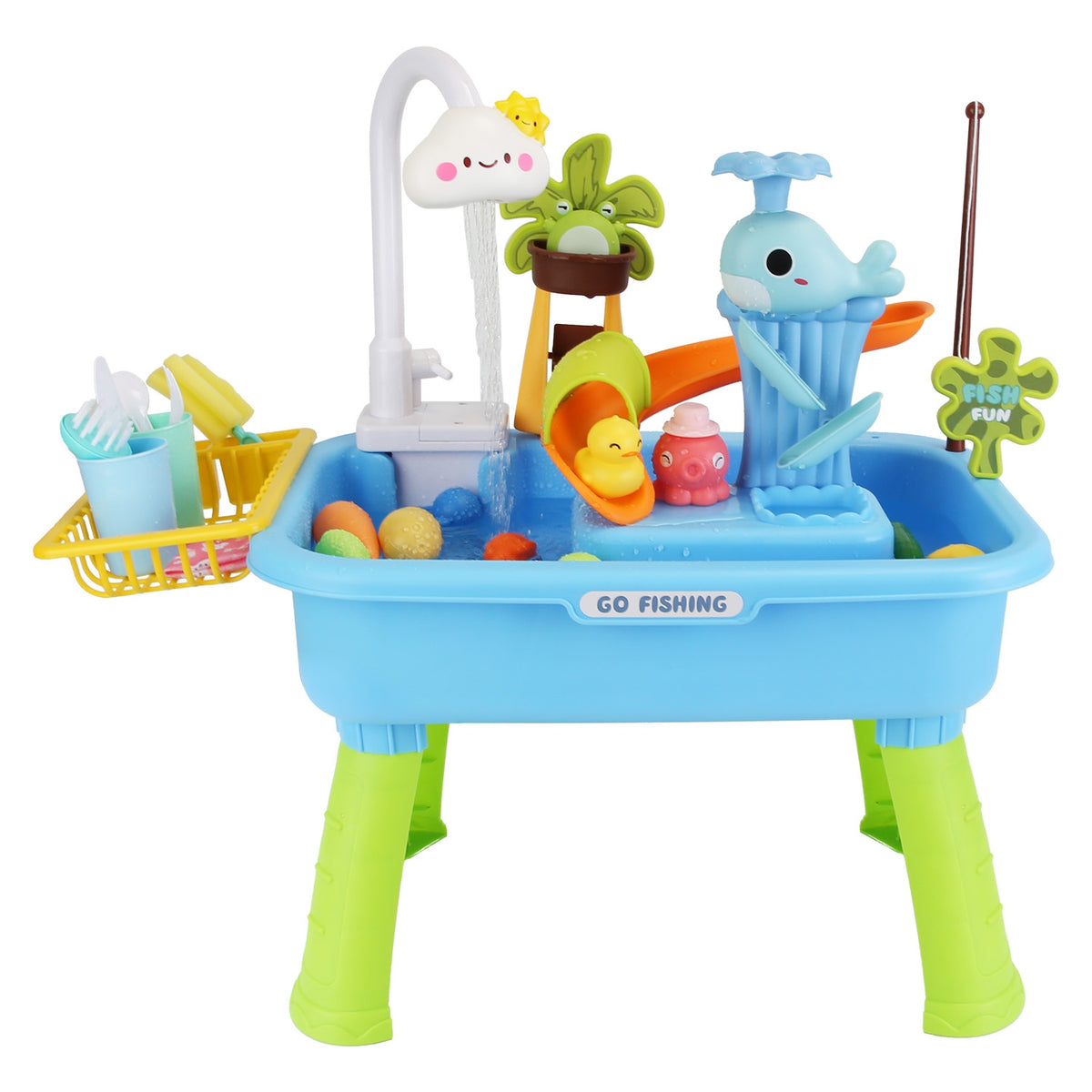 3-in-1 Kids Kitchen Sink Toy - Electric Faucet Water Table with Fishing Game & Role Play