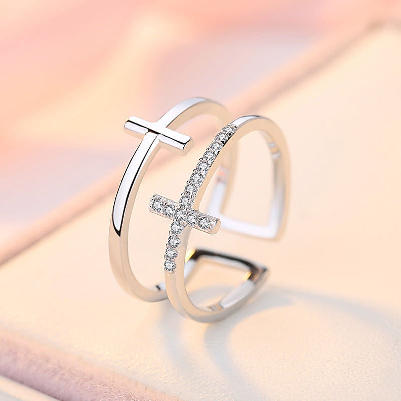 Double Cross Zircon Ring - Dainty Stackable CZ Band for Women