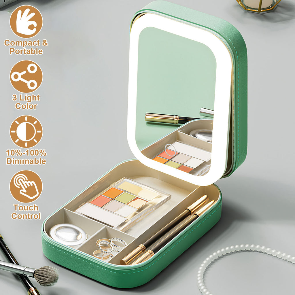 Travel Makeup Bag with LED Mirror - Portable Rechargeable Cosmetic Case