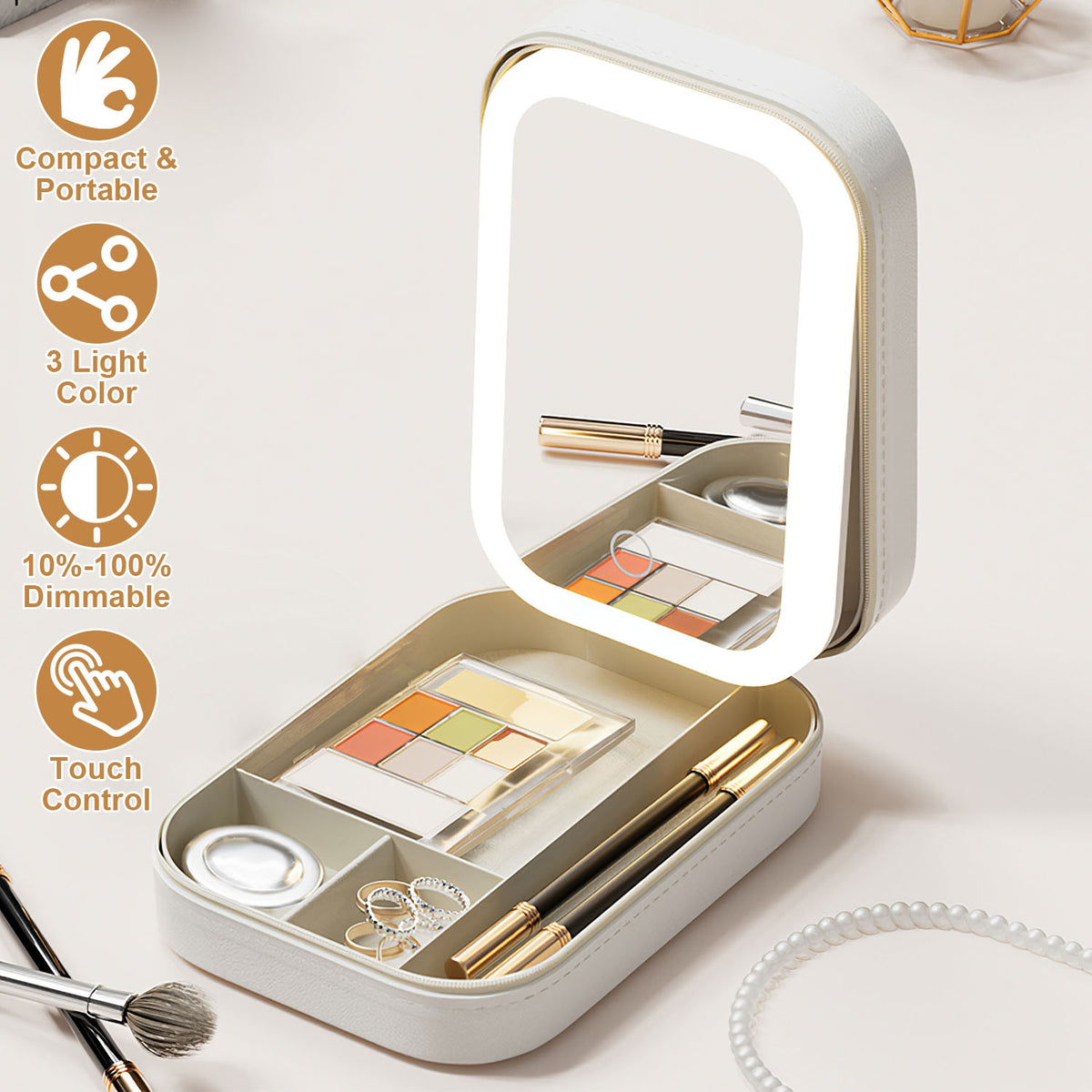 Travel Makeup Bag with LED Mirror - Portable Rechargeable Cosmetic Case