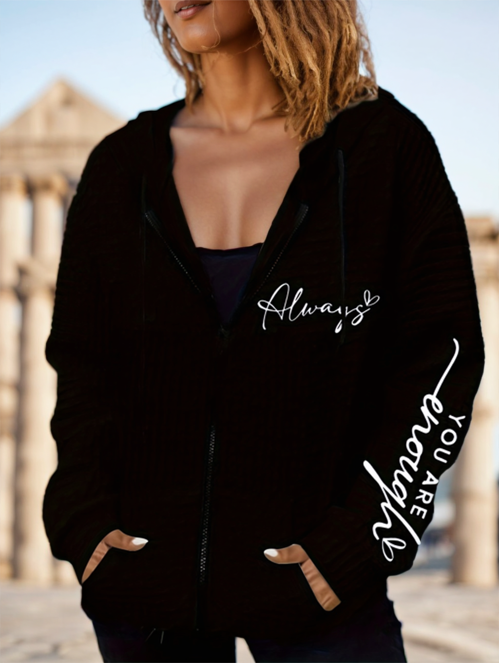 Letter Print Zipper Dual Pockets Hoodie