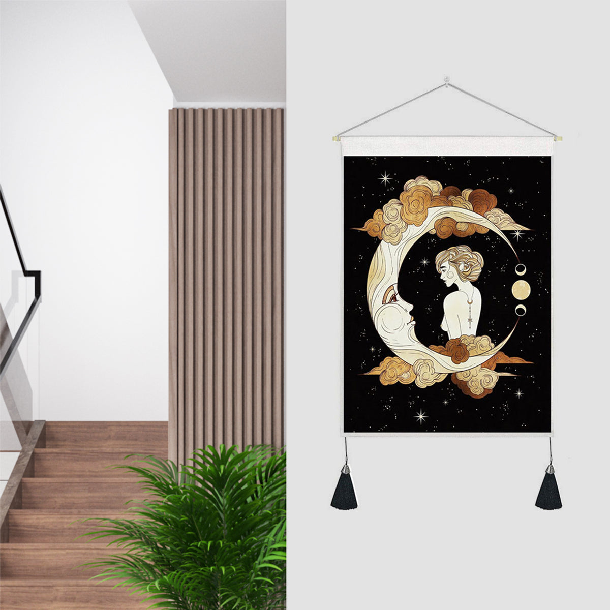 Tapestry Tassels Moon Mountain Linen Cotton Home Door Wall