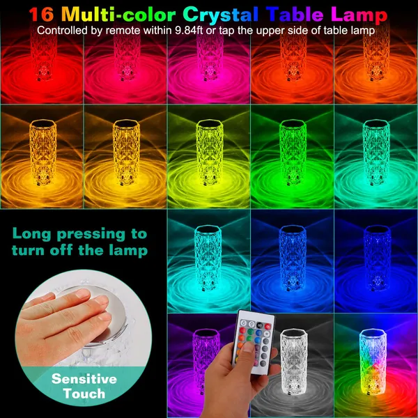 Crystal Rose Table Lamp - Dimmable LED Mood Light with Remote for Bedroom & Decor