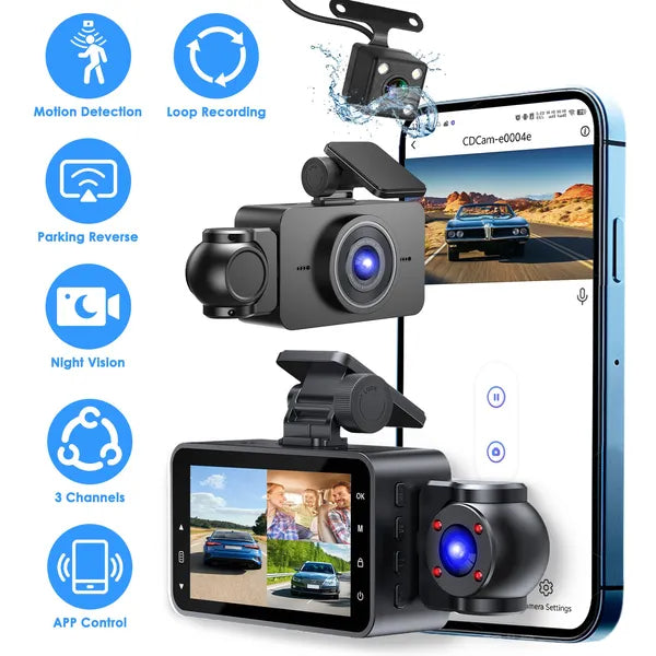 WiFi 3-Channel Dash Cam - 1080P Front, Rear & Interior Car Camera with App
