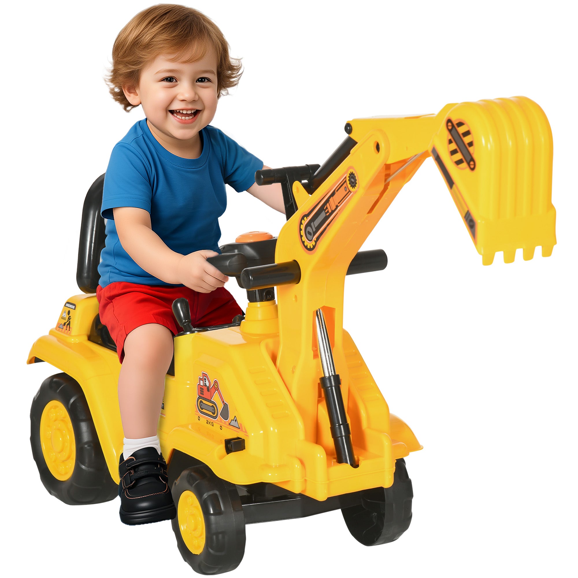 2-in-1 Ride-On Digger Tractor with Pull Cart - Construction Pretend Play Toy