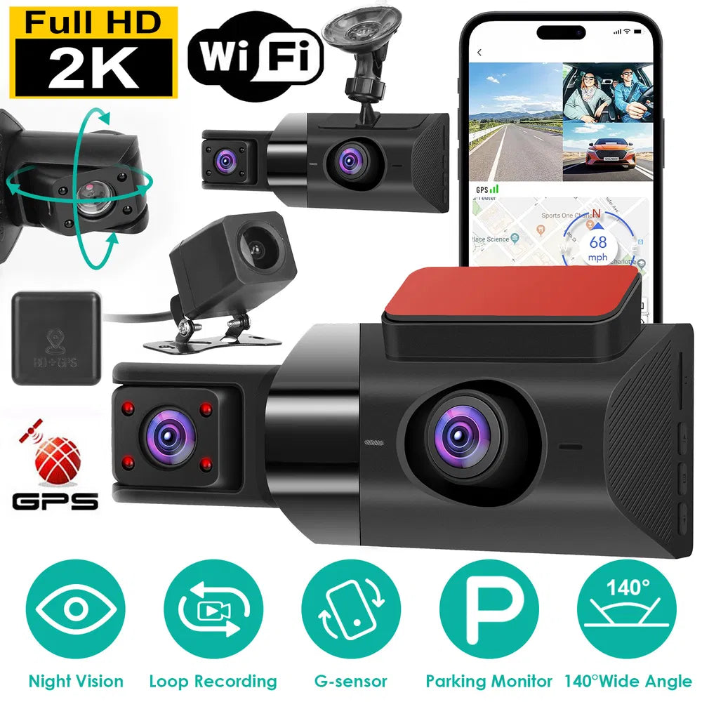 2K 3-Channel Dash Cam - Front, Rear & Interior Car Camera with Night Vision & Parking Mode