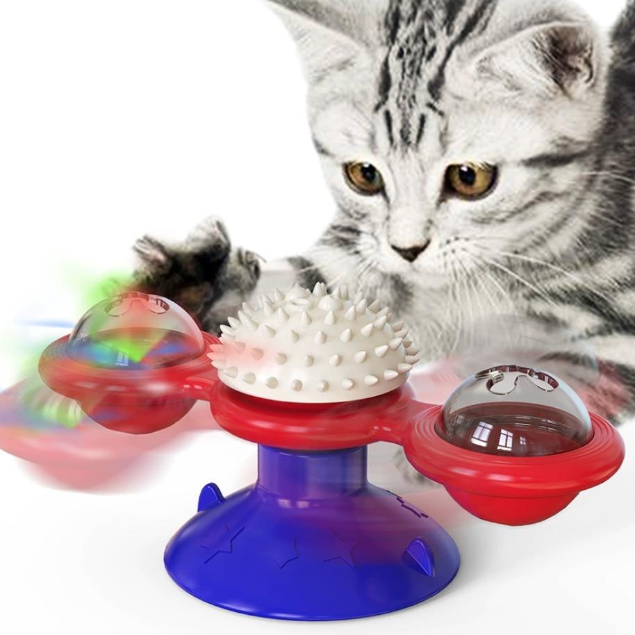 Interactive Windmill Cat Toy - Suction-Cup Spinning Teaser with LED Ball for Cats