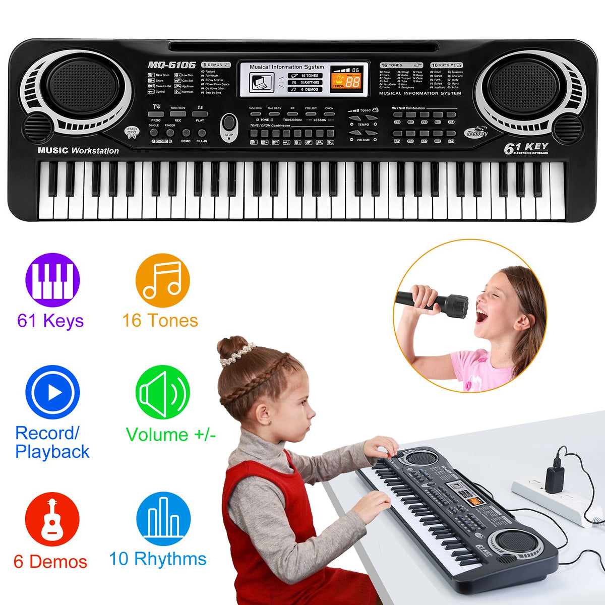 61-Key Kids Electronic Keyboard Piano - Beginner Music Keyboard with Microphone